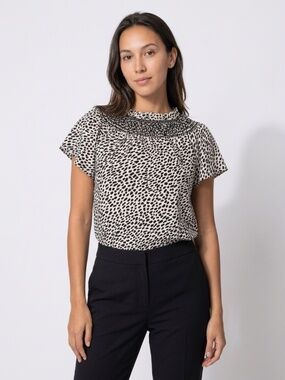 NWT J.Crew Smocked high-neck top in spot-print crepe de chine Size M